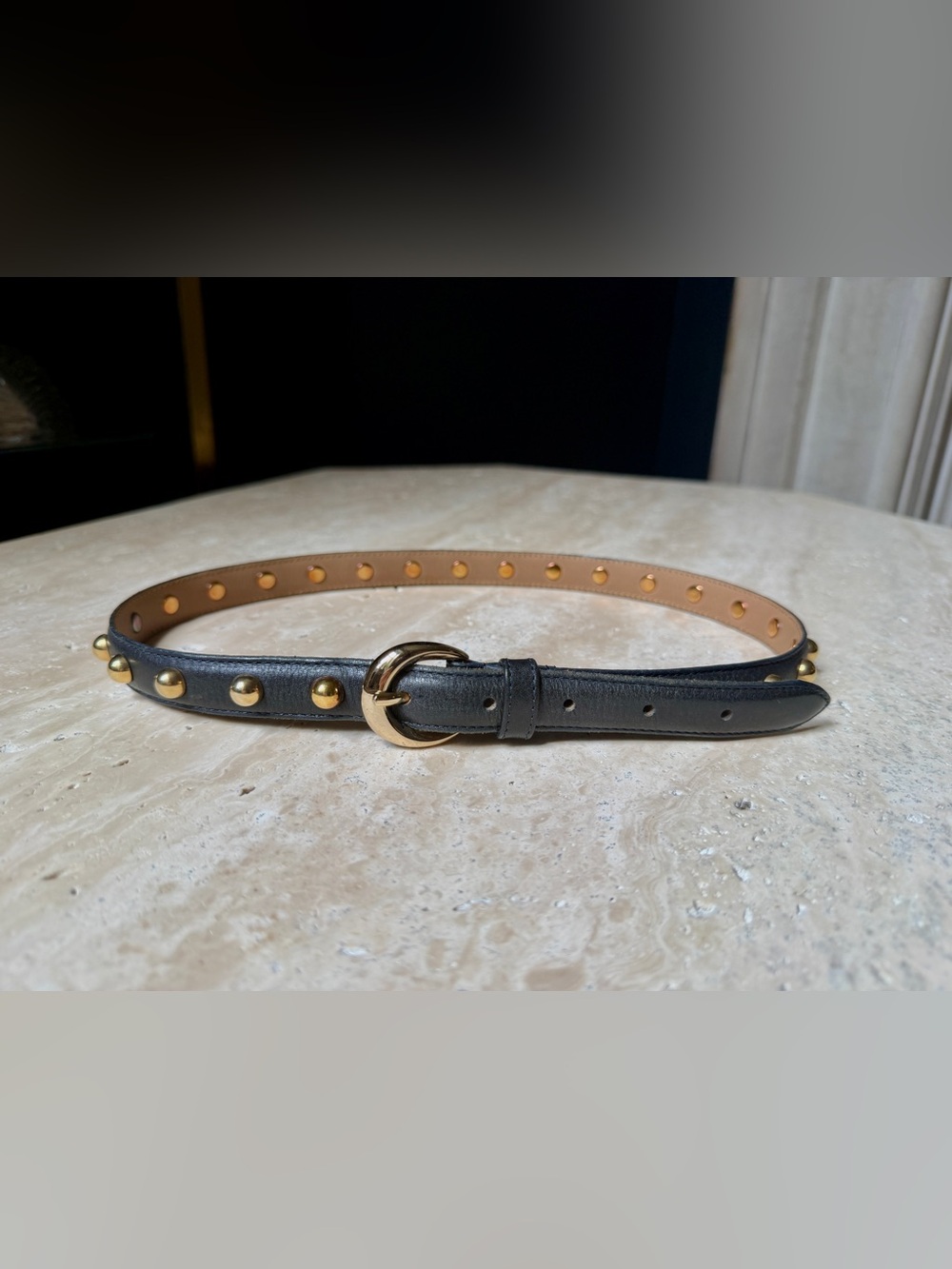A.P.C. Midnight Blue Leather Belt with Gold Studs and Buckle